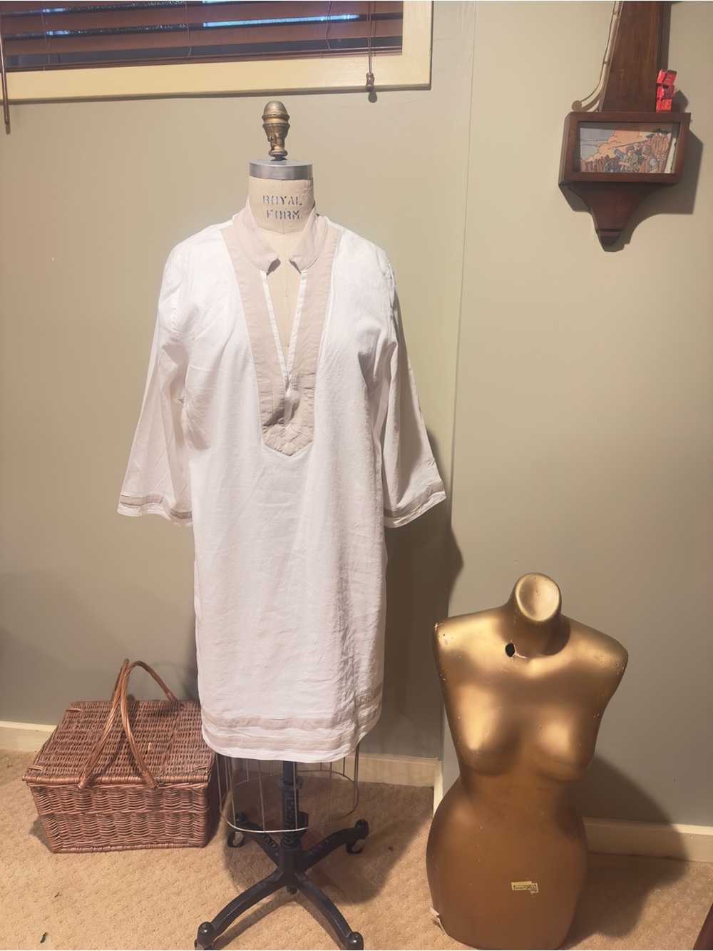 White Linen-Tunic with Beige Trim- cotton Lining and Side Zip